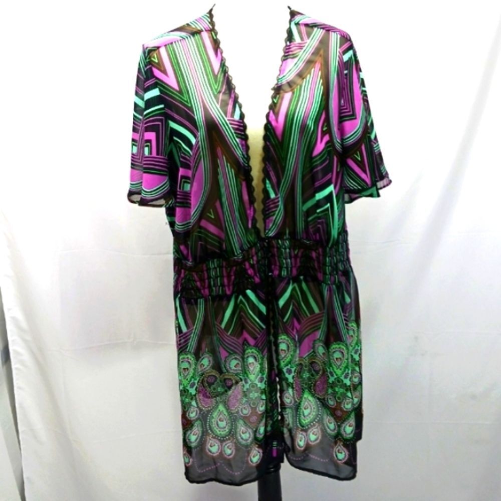 Lane Bryant Sheer Chic Multicolor Kimono Midi Dress Woman 26/28 Beach Blouse....